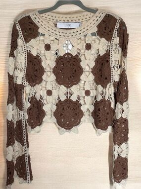 Luxe Cream and Brown Crochet Top NWT